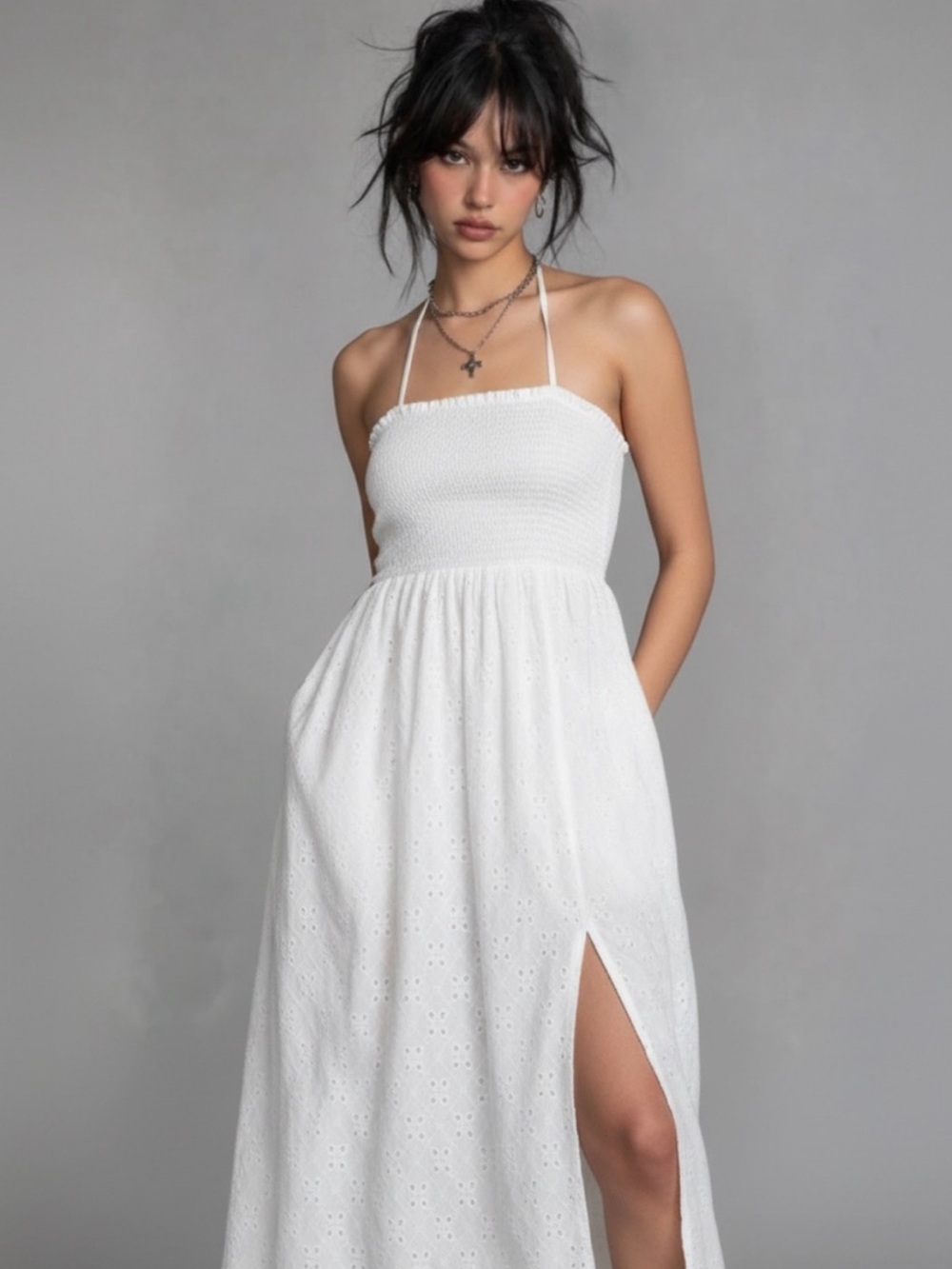 A.C.W. White Eyelet Smocked Halter Midi Dress S